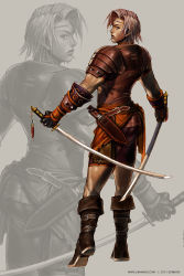 Rule 34 | 1boy, armor, astonishia story 2, black eyes, boots, brown armor, brown footwear, brown hair, brown shorts, cape, circlet, closed mouth, commentary, dagger, dual wielding, english commentary, from behind, full body, gauntlets, grey background, highres, holding, katana, knife, limha lekan, looking at viewer, looking back, male focus, official art, orange cape, pauldrons, photoshop (medium), reatte, scabbard, sheath, short hair, shorts, shoulder armor, solo, sword, waist cape, weapon, white hair, zoom layer