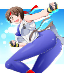 Rule 34 | 1girl, ass, blush, breasts, brown eyes, brown hair, fingerless gloves, gloves, headband, leaning, leaning forward, looking at viewer, looking back, open mouth, pants, pantylines, ryuuko no ken, shiny clothes, shiny skin, short hair, smile, solo, the king of fighters, tight clothes, tight pants, yonecchi, yuri sakazaki