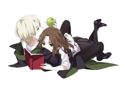 Rule 34 | 1boy, 1girl, arm around shoulder, black coat, black footwear, black pants, black skirt, blonde hair, book, brown eyes, brown hair, coat, collared shirt, couple, covered mouth, draco malfoy, feet up, full body, girl on top, harry potter (series), hermione granger, hetero, hogwarts school uniform, holding, holding book, hood, hood down, hug, long hair, long sleeves, looking away, lying, lying on person, on back, on stomach, open book, pants, pleated skirt, reading, school uniform, shi er xian, shirt, shoe soles, shoes, short hair, simple background, skirt, sleeves rolled up, slytherin, the pose, white background, white shirt, wizarding world