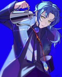Rule 34 | 1boy, absurdres, arm up, black shirt, blue background, blue coat, blue neckerchief, brooch, chesed (project moon), coat, coffee, coffee pot, cup, highres, jewelry, library of ruina, male focus, mug, neckerchief, pouring, project moon, sekisei mg, shirt, simple background, solo