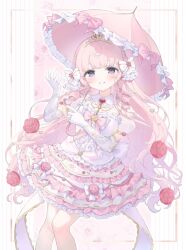 Rule 34 | 1girl, blush, bow, breasts, dress, drill hair, earrings, elbow gloves, feet out of frame, flower, frilled dress, frills, gloves, hair bow, hair ornament, hand up, himeno aimu, holding, holding umbrella, indie virtual youtuber, jewelry, layered dress, layered skirt, long hair, looking at viewer, parasol, pink bow, pink dress, pink flower, pink hair, pink rose, purple eyes, ring, rose, sample watermark, sidelocks, skirt, sleeveless, sleeveless dress, smile, solo, tiara, umbrella, usanta, very long hair, virtual youtuber, watermark, white dress, white gloves
