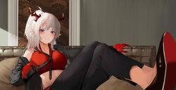 Rule 34 | 1girl, absurdres, alternate costume, arknights, bare shoulders, black footwear, black jacket, black pants, braid, breasts, collared shirt, couch, crop top, crossed legs, dragon horns, earrings, grin, highres, horns, jacket, jewelry, large breasts, legs up, long hair, long sleeves, looking at viewer, midriff, multicolored hair, necktie, necktie grab, neckwear grab, nian (arknights), off shoulder, on couch, open clothes, open jacket, pants, pointy ears, ponytail, purple eyes, red shirt, shirt, shoes, sitting, sleeveless, sleeveless shirt, smile, solo, stomach, streaked hair, white hair, xiaobei