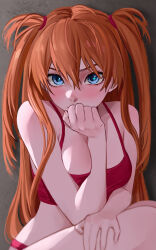 Rule 34 | 1girl, between breasts, blue eyes, blush, breasts, breasts squeezed together, brown hair, cowboy shot, curvy, expressionless, hair between eyes, hand on own chest, highres, interface headset, looking at viewer, neon genesis evangelion, nude, pawsup, shiny clothes, shiny skin, simple background, sitting, solo, souryuu asuka langley, tsundere, twintails, underwear, underwear only, wide hips