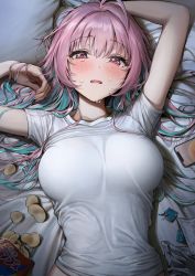 Rule 34 | 1girl, ahoge, ameyame, blush, breasts, candy wrapper, cellphone, chips (food), fang, food, green hair, hair down, hair intakes, highres, idolmaster, idolmaster cinderella girls, large breasts, long hair, lying, on back, open mouth, phone, pillow, pink hair, potato chips, receipt, red eyes, shirt, smartphone, solo, tears, wavy eyebrows, white shirt, yumemi riamu