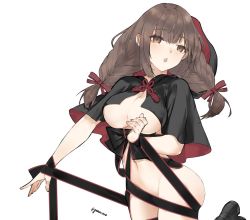 Rule 34 | 1girl, black capelet, black footwear, blush, boots, braid, breasts, brown eyes, brown hair, capelet, hair ribbon, hood, hooded capelet, kantai collection, large breasts, long hair, neko (ganecooo), open mouth, ribbon, shinshuu maru (kancolle), simple background, solo, twin braids, twitter username, white background