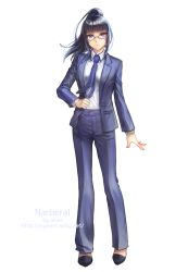 Rule 34 | 1girl, aken, artist name, black hair, business suit, character name, formal, full body, glasses, high ponytail, highres, long hair, narberal gamma, necktie, overlord (maruyama), purple eyes, simple background, solo, suit, watermark, web address, white background