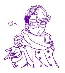 Rule 34 | 1boy, artist name, blowing kiss, coat, cropped torso, eyebrow piercing, glasses, hand up, heart, jewelry, labret piercing, lineart, looking to the side, male focus, pavia (reverse:1999), piercing, reverse:1999, ring, sakita pani, scarf, short hair, signature, solo, upper body