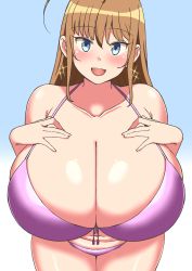 Rule 34 | ahoge, bikini, blue background, blue eyes, breast suppress, breasts, brown hair, cleavage, curvy, gigantic breasts, glint, gradient background, highres, komusou (jinrikisha), leaning forward, long hair, looking at viewer, ooba minori, open mouth, original, pink bikini, smile, solo, swimsuit, thick thighs, thighs, transparent background