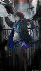 Rule 34 | 1girl, a chxoblc, absurdres, amiya (arknights), animal ears, arknights, arm at side, ascot, bird, black jacket, black pantyhose, blue ascot, blue eyes, blue skirt, brown hair, building, chinese commentary, commentary request, crow, feet out of frame, half-closed eyes, hand up, highres, infection monitor (arknights), jacket, jewelry, long hair, looking to the side, mixed-language commentary, multiple rings, muted color, open clothes, open jacket, outdoors, pantyhose, parted lips, plaid, plaid skirt, rabbit ears, rabbit girl, railing, ring, shirt, sidelocks, signature, skirt, sleeves past wrists, solo, weibo watermark, white shirt