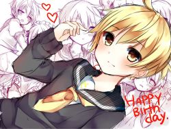 Rule 34 | 1boy, alternate costume, bad id, bad twitter id, blonde hair, blush, closed mouth, commentary request, condom, condom wrapper, crossdressing, dutch angle, enmaided, hair between eyes, happy birthday, heart, kagamine len, karasusou nano, long sleeves, looking at viewer, maid, maid headdress, multiple views, neckerchief, open mouth, panties, school uniform, serafuku, simple background, sparkle, sweat, trap, underwear, vocaloid, white background, yellow eyes