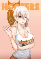 Rule 34 | 10s, 1girl, bare arms, bare shoulders, bird, breasts, cleavage, company name, copyright name, facing viewer, gradient background, highres, hooters, index finger raised, large breasts, lips, looking at viewer, motion lines, nakiri alice, norman maggot, one eye closed, owl, parted lips, red eyes, shirt, shokugeki no souma, short hair, silver hair, simple background, smile, solo, tank top, upper body, white shirt