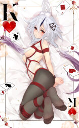 Rule 34 | 1girl, absurdres, animal ears, bdsm, black pantyhose, blush, bondage, bound, breasts, commentary request, commission, cosplay request, fake animal ears, feet, full body, gradient hair, hair ornament, hairclip, highres, king (playing card), king of hearts (playing card), leotard, long hair, medium breasts, meisansan, multicolored hair, neptune (series), no shoes, pantyhose, playboy bunny, purple hair, rabbit ears, restrained, second-party source, shibari, shin jigen game neptune vii, sideboob, soles, solo, tennouboshi uzume, toes, twintails, variant set, very long hair, white hair