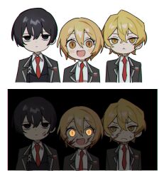 Rule 34 | 1girl, 2boys, :&lt;, :d, black hair, black vest, blonde hair, blood, blood on face, blue eyes, chibi, chromatic aberration, closed mouth, collared shirt, commentary request, don quixote (project moon), expressionless, frown, glowing, glowing eyes, grey jacket, highres, jacket, limbus company, mu46016419, multiple boys, necktie, open clothes, open jacket, open mouth, project moon, red necktie, sanpaku, shirt, short hair, sinclair (project moon), smile, sweat, vest, white shirt, yellow eyes, yi sang (project moon)