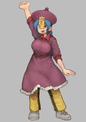 Rule 34 | 1girl, :d, absurdres, blue hair, braid, chanta (ayatakaoisii), dress, full body, grey background, grey footwear, hand up, hat, highres, jiangshi (chanta), long hair, looking at viewer, ofuda, ofuda on clothes, one eye covered, open mouth, original, pants, red dress, red eyes, red hat, sash, shoes, simple background, smile, solo, translation request, yellow pants
