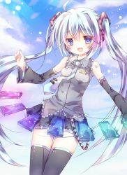 Rule 34 | 1girl, blue eyes, blue hair, detached sleeves, hatsune miku, headset, highres, long hair, matching hair/eyes, nail polish, necktie, open mouth, skirt, sky, solo, thighhighs, twintails, very long hair, vocaloid, yuduki