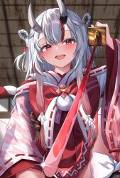 Rule 34 | 1girl, absurdres, bow, bowtie, highres, hololive, horns, japanese clothes, kimono, looking at viewer, nakiri ayame, open mouth, red eyes, skin-covered horns, solo, sword, una hirag, virtual youtuber, weapon, white hair