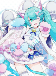 Rule 34 | 1girl, adapted costume, agonasubi, animal ear fluff, animal ears, animal hands, aqua hair, bell, candy, candy cane, cat ears, commentary request, food, gloves, green eyes, hatsune miku, highres, long hair, long sleeves, looking at viewer, magical mirai (vocaloid), magical mirai miku, magical mirai miku (2020 winter), neck bell, one eye closed, open mouth, paw gloves, simple background, single thighhigh, smile, solo, tail, thighhighs, very long hair, vocaloid, white background, wide sleeves