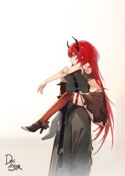 Rule 34 | 1girl, 1other, ambiguous gender, arknights, black footwear, black skirt, black thighhighs, carrying, character name, cloak, closed mouth, commentary, commentary request, cowboy shot, crop top, demon horns, doctor (arknights), elsi, english commentary, full body, gradient background, high heels, highres, hood, hood up, hooded cloak, horns, korean commentary, long hair, midriff, mixed-language commentary, profile, purple eyes, red hair, shoulder carry, skirt, surtr (arknights), thigh strap, thighhighs, very long hair, white background, zettai ryouiki