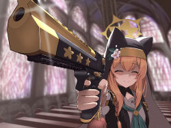 Rule 34 | 1girl, animal ear headwear, bench, blue archive, blurry, blurry background, cathedral, church, commentary request, desert eagle, fake animal ears, false smile, glint, gun, habit, halo, handgun, highres, holding, holding gun, holding weapon, indoors, light particles, mari (blue archive), nun, pointing, pointing at viewer, pointing gun, pointing weapon, sailor collar, silver bullet (ecc12 8), smile, weapon, window