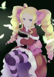 Rule 34 | 1girl, beatrice (re:zero), black background, blonde hair, blue eyes, book, bow, bug, butterfly, butterfly-shaped pupils, capelet, commentary request, crown, dress, drill hair, hair ribbon, highres, holding, holding book, insect, invisible chair, long hair, long sleeves, looking at viewer, mini crown, pantyhose, pink bow, purple pantyhose, re:zero kara hajimeru isekai seikatsu, red dress, ribbon, sidelocks, sitting, solo, striped clothes, striped pantyhose, symbol-shaped pupils, tsuniwano, twin drills, twintails