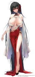 Rule 34 | 1girl, azur lane, bare shoulders, black footwear, black hair, breasts, cleavage, commentary request, crossed bangs, dress, full body, hair between eyes, hair ornament, hair ribbon, highres, jewelry, large breasts, long hair, official art, parted lips, red dress, red eyes, red ribbon, ribbon, ring, satou daiji, side ponytail, smile, standing, taihou (azur lane), thighs, white background