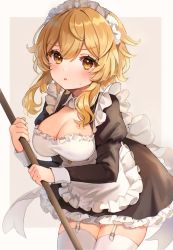 Rule 34 | 1girl, alternate costume, apron, blonde hair, blush, breasts, cleavage, cowboy shot, enmaided, garter straps, genshin impact, hair between eyes, highres, holding, leaning forward, long hair, lumine (genshin impact), maid, maid apron, maid headdress, medium breasts, open mouth, short hair with long locks, simple background, solo, thighhighs, tikoo 616, white thighhighs, yellow eyes