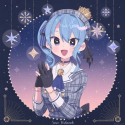 Rule 34 | 1girl, black gloves, blue eyes, blue hair, blue nails, blush, bracelet, choker, earrings, gloves, highres, hololive, hoshimachi suisei, hoshimachi suisei (1st costume), jewelry, kingyo (g-fish), long sleeves, looking at viewer, medium hair, nail polish, open mouth, partially fingerless gloves, side ponytail, sky, smile, solo, star-shaped pupils, star (sky), star (symbol), star earrings, starry sky, symbol-shaped pupils, upper body, virtual youtuber