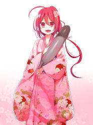 Rule 34 | 10s, 1girl, :d, ahoge, alternate costume, bad id, bad pixiv id, floral print, flower, gradient background, hair flower, hair ornament, i-168 (kancolle), japanese clothes, kantai collection, kimono, long hair, looking at viewer, open mouth, ponytail, red eyes, red hair, simple background, smile, solo, torpedo, uiroutsuji yumihiko