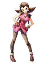 Rule 34 | 1girl, adapted costume, breasts, brown hair, capcom, crotch plate, earrings, full body, gloves, green eyes, hair slicked back, hairband, hands on own hips, high heels, highres, japanese clothes, jewelry, kimono, koma, mega man (series), mega man legends (series), onimusha soul, open shoes, pantyhose, pigeon-toed, shoes, short kimono, simple background, smile, solo, tron bonne (mega man), white background