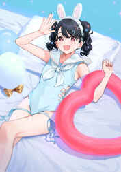Rule 34 | 1girl, absurdres, animal ears, fake animal ears, flat chest, fukumaru koito, heart-shaped innertube, highres, idolmaster, idolmaster shiny colors, looking at viewer, neckerchief, nonbire, one-piece swimsuit, rabbit ears, sailor collar, smile, solo, swimsuit, thigh strap, twintails, wavy hair, white neckerchief