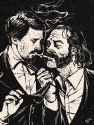 Rule 34 | 2boys, beard, cigarette kiss, clothes grab, danielcalmdown, disco elysium, eye contact, face-to-face, facial hair, formal, greyscale, hair slicked back, hand hair, harry du bois, jean vicquemare, knuckle hair, looking at another, loose hair strand, male focus, mature male, medium hair, monochrome, mouth hold, multiple boys, mutton chops, short hair, smoke, suit, thick mustache, upper body, wrinkled skin, yaoi