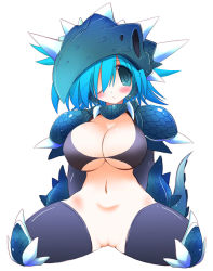 Rule 34 | 1girl, armor, bikini, blue eyes, blue hair, blush, bottomless, breasts, choker, cleavage, dragon, female focus, large breasts, matching hair/eyes, navel, pussy, scales, simple background, solo, spikes, swimsuit, tail, thighhighs, uncensored, white background