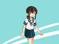 Rule 34 | 1girl, aqua background, black hair, blue sailor collar, blue skirt, commentary, cowboy shot, english commentary, fubuki (kancolle), green eyes, kantai collection, long hair, looking at viewer, low ponytail, one-hour drawing challenge, pleated skirt, ponytail, sailor collar, school uniform, serafuku, short ponytail, sidelocks, sixten, skirt, solo, two-tone background