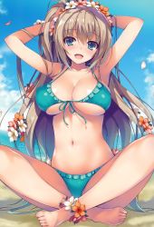 Rule 34 | 1girl, arms up, barefoot, beach, bikini, blush, breasts, brown hair, butterfly sitting, cleavage, collarbone, comic potpourri club, female focus, flower, flower anklet, frilled bikini, frills, front-tie top, green bikini, green eyes, hair flower, hair ornament, highres, indian style, large breasts, long hair, navel, original, scan, shiny skin, sitting, skindentation, smile, solo, stomach, swimsuit, tomose shunsaku, very long hair