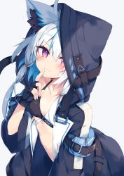 Rule 34 | 1girl, absurdres, ahoge, animal ear fluff, animal ears, animal hood, bikini, black bikini, black gloves, black jacket, blue hair, blush, breasts, closed mouth, collarbone, commentary request, fake animal ears, fingerless gloves, gloves, grey background, hair between eyes, hand up, highres, hood, hood up, hooded jacket, jacket, long hair, long sleeves, looking at viewer, multicolored hair, nibiiro shizuka, open clothes, open jacket, original, purple eyes, silver hair, simple background, small breasts, solo, streaked hair, sweat, swimsuit, wavy hair, white bikini, wide sleeves