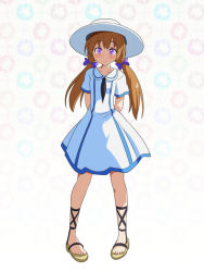 Rule 34 | 1girl, arms behind back, blush, brown hair, cato (monocatienus), commentary request, dress, floral background, full body, long hair, looking at viewer, low twintails, original, purple eyes, sandals, short sleeves, simple background, smile, solo, twintails, white dress