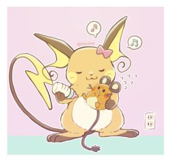 Rule 34 | :3, border, bottle, bow, closed eyes, closed mouth, commentary request, creatures (company), dedenne, electrical outlet, facing viewer, flying sweatdrops, game freak, gen 1 pokemon, gen 6 pokemon, holding, holding pokemon, milk bottle, musical note, nintendo, no humans, pokemon, pokemon (creature), raichu, s (happycolor 329), smile, spoken musical note, sweat, twitter username, white border