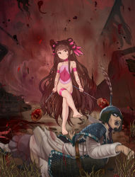 Rule 34 | 1boy, 1girl, absurdres, animal, armor, bare shoulders, barefoot, blood, blood on face, blunt bangs, bottomless, brown eyes, brown hair, chinese clothes, choker, double bun, dual wielding, dudou, earrings, facial hair, flat chest, hair bun, helmet, highres, holding, holding weapon, horse, jewelry, long hair, mustache, nail polish, navel, original, pink nails, pubic tattoo, resolution mismatch, see-through, source larger, tattoo, thigh strap, toenail polish, toenails, very long hair, weapon, yewang19
