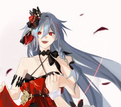 Rule 34 | 1girl, black choker, choker, dress, feathers, fu hua, fu hua (herrscher of sentience), fu hua (turn up the music!) (herrscher of sentience), grey hair, hair between eyes, hair ornament, hand on another&#039;s hand, highres, honkai (series), honkai impact 3rd, long hair, looking at another, multicolored hair, official alternate costume, red dress, red eyes, red feathers, sho 2nini, simple background, sleeveless, sleeveless dress, solo, streaked hair, upper body, white background, white hair, yellow pupils