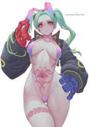 Rule 34 | 1girl, absurdres, alternate breast size, aqua hair, black jacket, breasts, colored sclera, cyberpunk (series), cyberpunk 2077, cyberpunk edgerunners, gluteal fold, green pupils, hand on own hip, highres, jacket, large breasts, long hair, long sleeves, looking at viewer, mechanical arms, melowh, orange sclera, rebecca (cyberpunk), simple background, slingshot swimsuit, solo, stomach tattoo, swimsuit, tattoo, thighs, twintails, white background