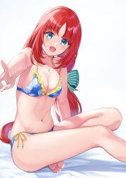 Rule 34 | 1girl, 310setsu, :d, aqua eyes, barefoot, bikini, blue bikini, blunt bangs, breasts, cleavage, commentary request, frilled bikini, frills, genshin impact, jewelry, long hair, looking at viewer, low twintails, medium breasts, navel, necklace, nilou (genshin impact), open mouth, outstretched arm, partial commentary, red hair, sitting, smile, solo, swimsuit, twintails, v, white background