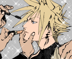Rule 34 | 1boy, absurdres, applying makeup, blonde hair, blue eyes, cloud strife, cosmetics, expressionless, eyeliner, final fantasy, final fantasy vii, final fantasy vii remake, grabbing another&#039;s chin, hand focus, hand on another&#039;s chin, highres, jonya, lipgloss, lipstick tube, makeup, male focus, out of frame, profile, shoulder grab, solo focus, spiked hair, square enix