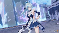 Rule 34 | 1girl, :o, ahoge, bare shoulders, blue hair, chinese commentary, cloud, cloudy sky, day, highres, holding, holding weapon, honkai (series), honkai impact 3rd, light blue hair, logo, official art, official wallpaper, open hand, open mouth, outdoors, shigure kira, single bare leg, sky, solo, standing, weapon
