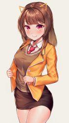 Rule 34 | 1girl, animal ears, bad id, bad pixiv id, blush, brown hair, brown skirt, buttons, closed mouth, collared shirt, commentary request, eyelashes, fake animal ears, hairband, heart, heart in eye, highres, long hair, looking at viewer, naingnaing, open clothes, orange hairband, original, red eyes, red neckwear, school uniform, shirt, simple background, skirt, smile, solo, symbol in eye, uniform, white background, white shirt
