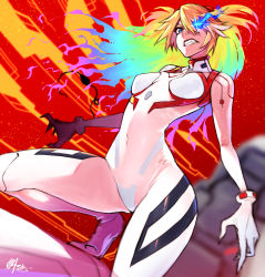 Rule 34 | 1girl, blonde hair, blue eyes, blue fire, blue hair, bodysuit, breasts, clenched teeth, cockpit, curvy, evangelion: 3.0+1.0 thrice upon a time, eyepatch, fire, glowing, glowing eye, green hair, highres, interface headset, leaning back, looking down, neon genesis evangelion, neon lights, open hands, orange hair, pilot suit, plugsuit, purple hair, rebuild of evangelion, red background, simple background, skin tight, small breasts, solo, souryuu asuka langley, teeth, tsuyoshi takaki, unworn eyepatch, wide hips