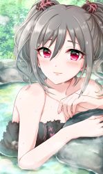 Rule 34 | 1girl, absurdres, bathing, black towel, breasts, cleavage, collarbone, commentary request, drill hair, hair between eyes, highres, idolmaster, idolmaster cinderella girls, kanzaki ranko, looking at viewer, medium breasts, naked towel, onsen, partially submerged, popon ta, red eyes, silver hair, smile, solo, towel, twin drills, twintails