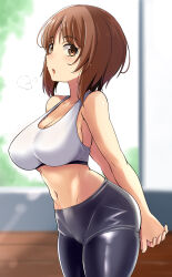 Rule 34 | 1girl, arms behind back, bare arms, bare shoulders, black pants, blurry, blurry background, breasts, breath, brown eyes, brown hair, cleavage, commentary request, cowboy shot, girls und panzer, highres, indoors, kitayama miuki, large breasts, light blush, looking at viewer, midriff, navel, nishizumi miho, own hands together, pants, parted lips, short hair, skin tight, solo, sports bra, white sports bra, yoga pants
