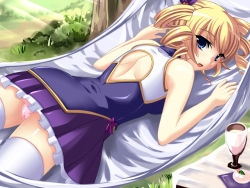 Rule 34 | 1girl, back cutout, blonde hair, blue eyes, clothing cutout, drill hair, koihime musou, looking back, lying, on stomach, open mouth, panties, pink panties, shin koihime musou, solo, sousou (koihime musou), underwear, yagami (mukage)