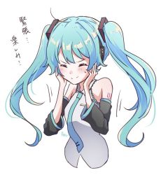 Rule 34 | 1girl, ahoge, aoiyui, aqua hair, aqua necktie, bare shoulders, black sleeves, commentary, cropped torso, detached sleeves, closed eyes, grey shirt, hair ornament, hands on own face, hatsune miku, headphones, light blush, long hair, motion lines, necktie, shirt, shoulder tattoo, signature, simple background, sleeveless, sleeveless shirt, smile, solo, sweat, tattoo, translated, twintails, upper body, v-shaped eyebrows, vocaloid, white background