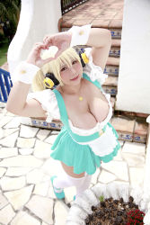 Rule 34 | 1girl, asian, blonde hair, breasts, brown eyes, chouzuki maryou, cleavage, cosplay, dirndl, garden, german clothes, headphones, highres, jewelry, large breasts, necklace, nitroplus, photo (medium), plump, short hair, solo, stairs, star (symbol), super pochaco, super pochaco (cosplay), thighhighs, white thighhighs